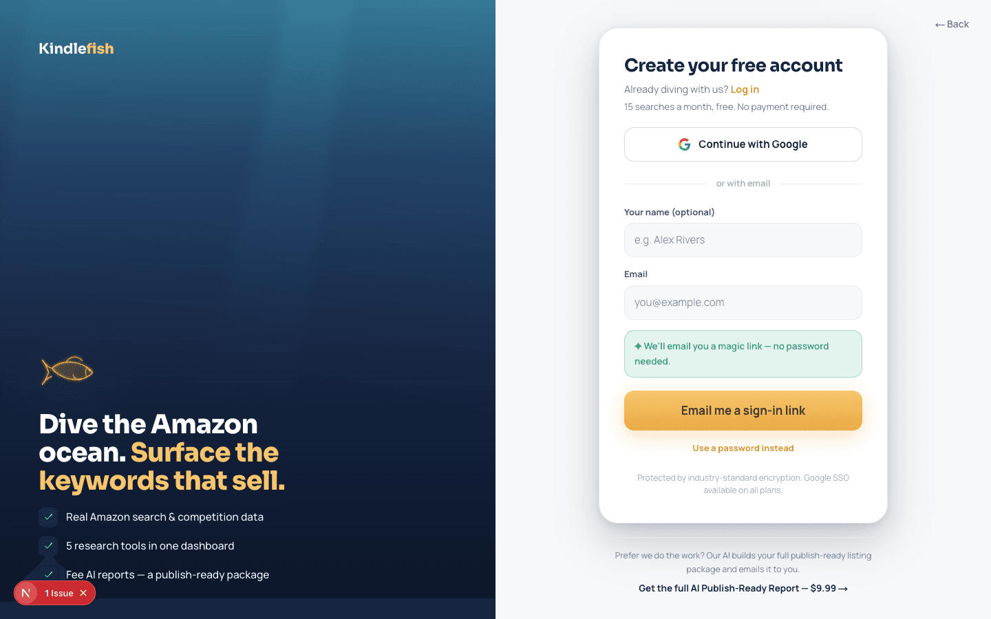 Account access screen to create a free account with Google or an email magic link.