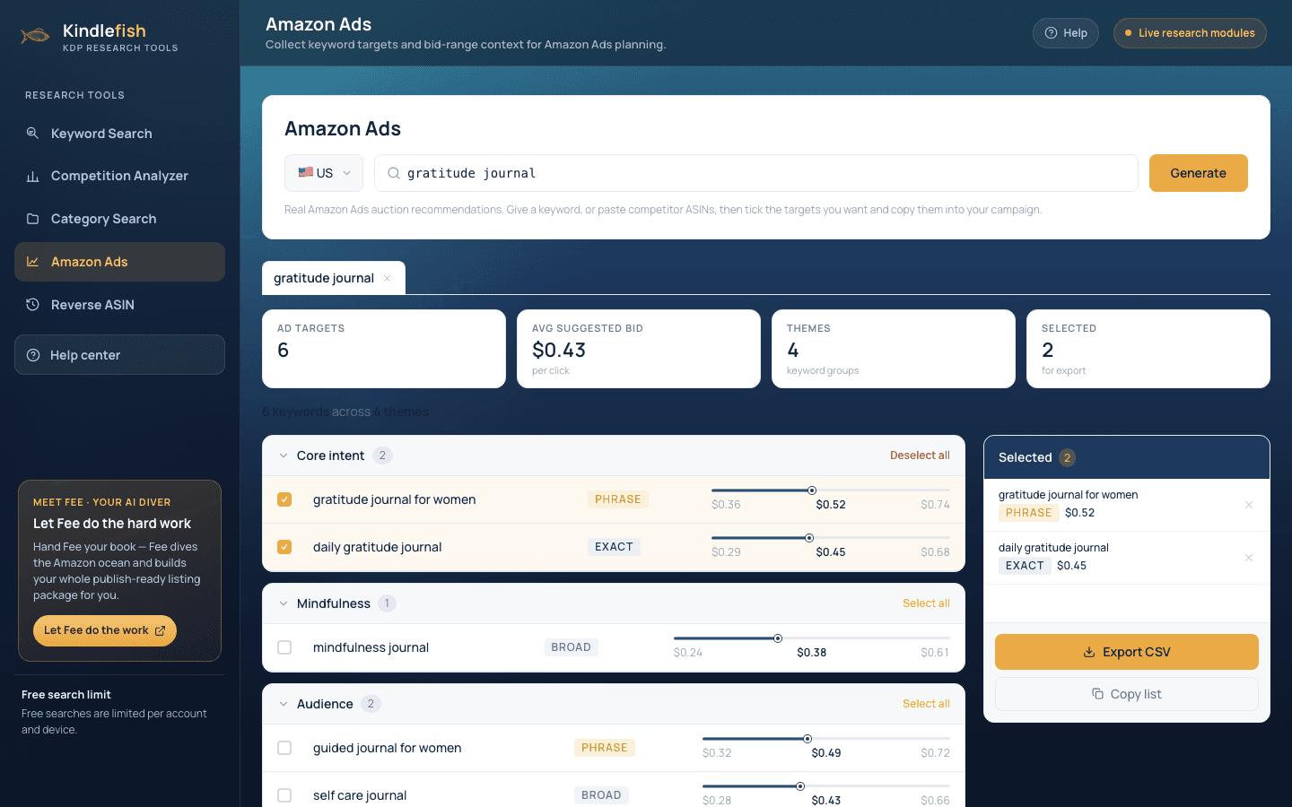 Amazon Ads results with grouped keyword targets, match types, bid sliders, and a Selected panel.